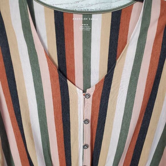 American Eagle Medium Vertical Stripe Button Down SS Top - Picture 2 of 7